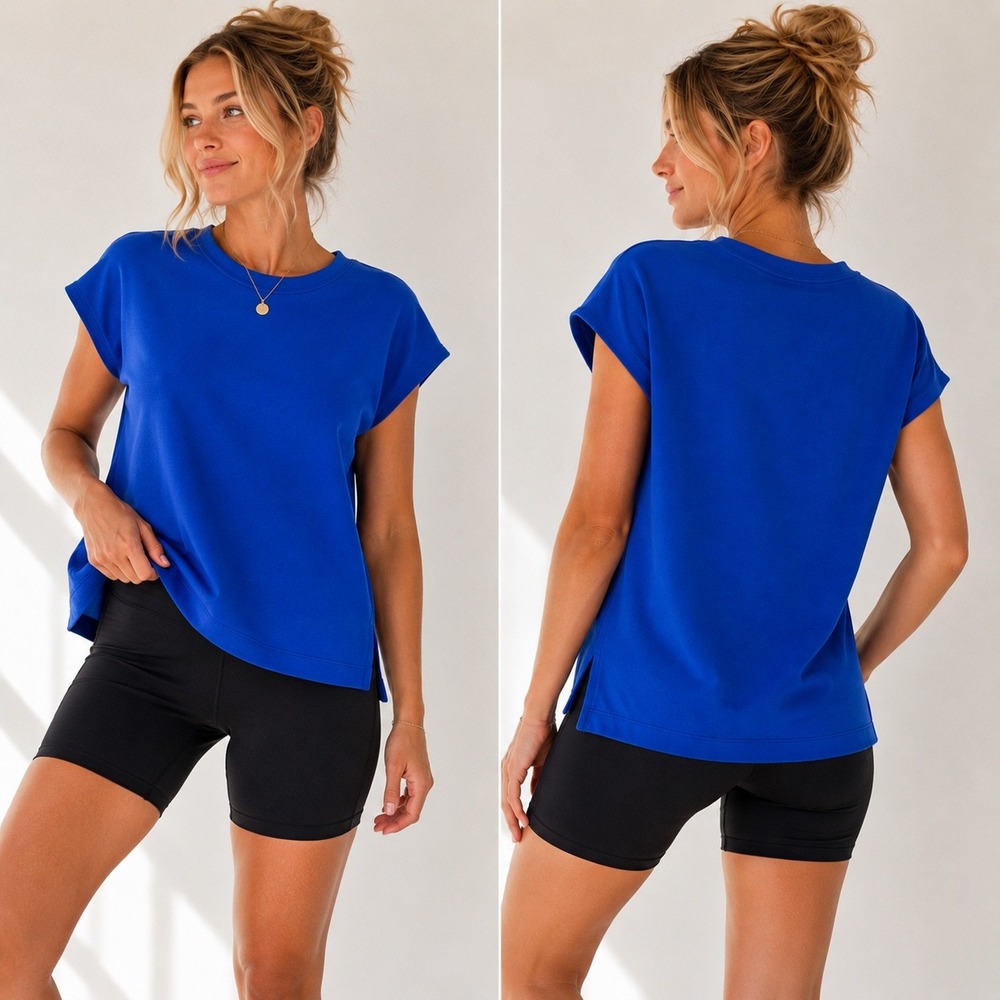 SPANX AirEssentials Cobalt Blue Boxy Short Sleeve Tee Women's Size Small - Picture 2 of 9